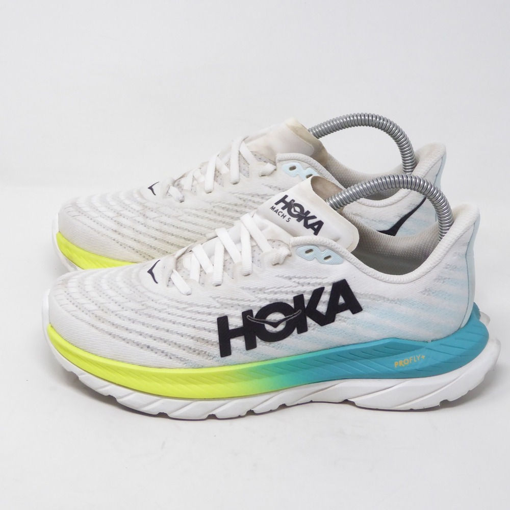 HOKA Mach 5 Women's White Running Shoe with Blue & Lime Accent - Picture 5 of 10